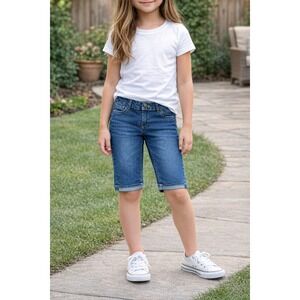 Levis Girls Bermuda Denim Shorts Blue Medium Wash Adjustable Waist Size 12 Reg